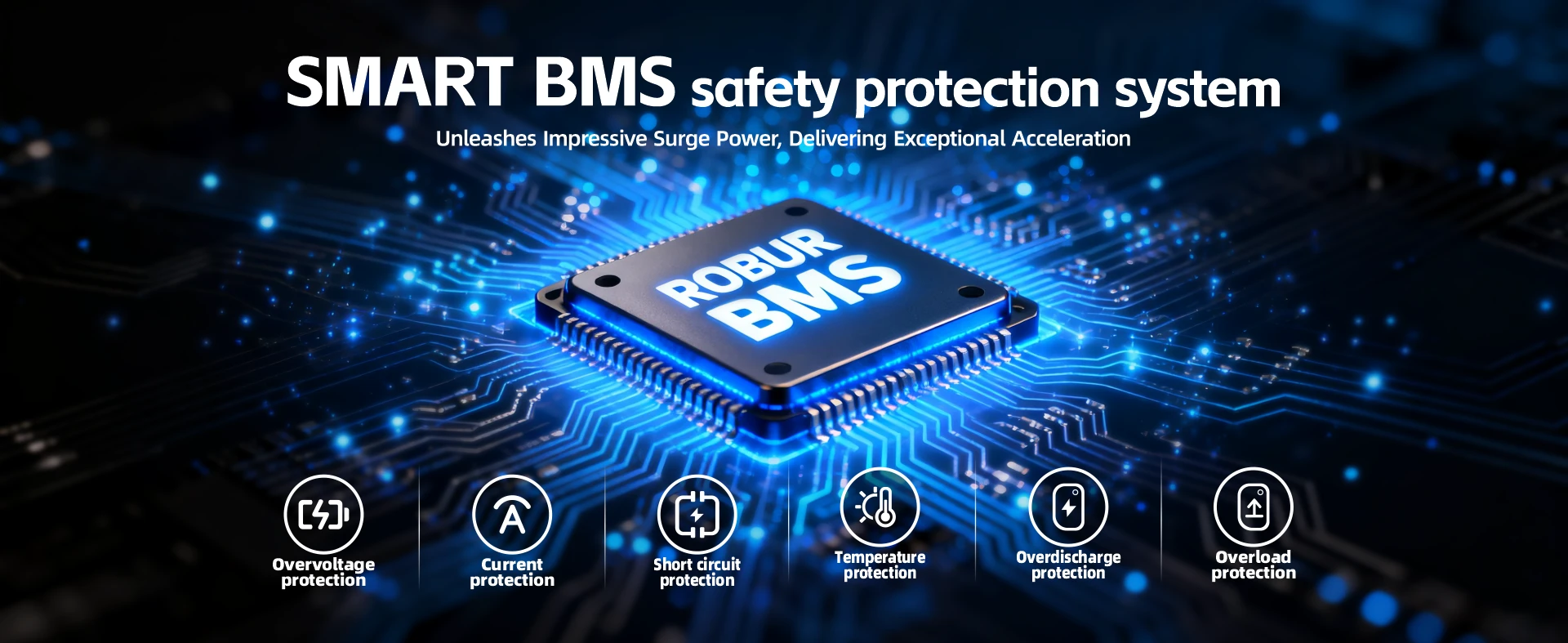 Smart BMS protection against overvoltage, current, short circuit, temperature, overdischarge and overload risks